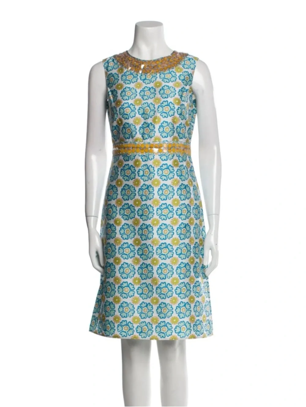 Tory Burch Blue Floral Midi Dress with Yellow Accents
